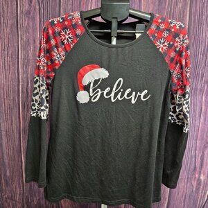 Believe Christmas Raglan Top Buffalo Plaid Snowflake Leopard Sleeves Size M